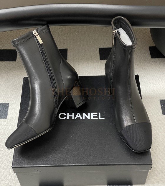 Ch**el Square-Toe Ankle Boots Elastic Lambskin & Leather Sole Black Women