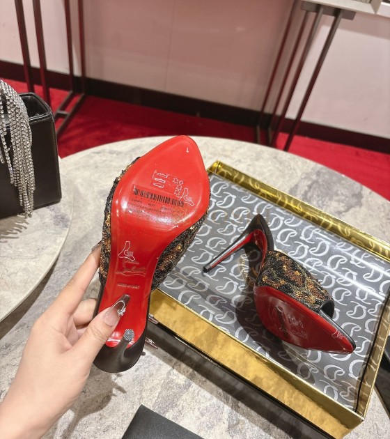 Chr1st1an Louboutin CL Pointed-Toe Heels Glossy Calfskin with Leopard Sequins Black Size Women