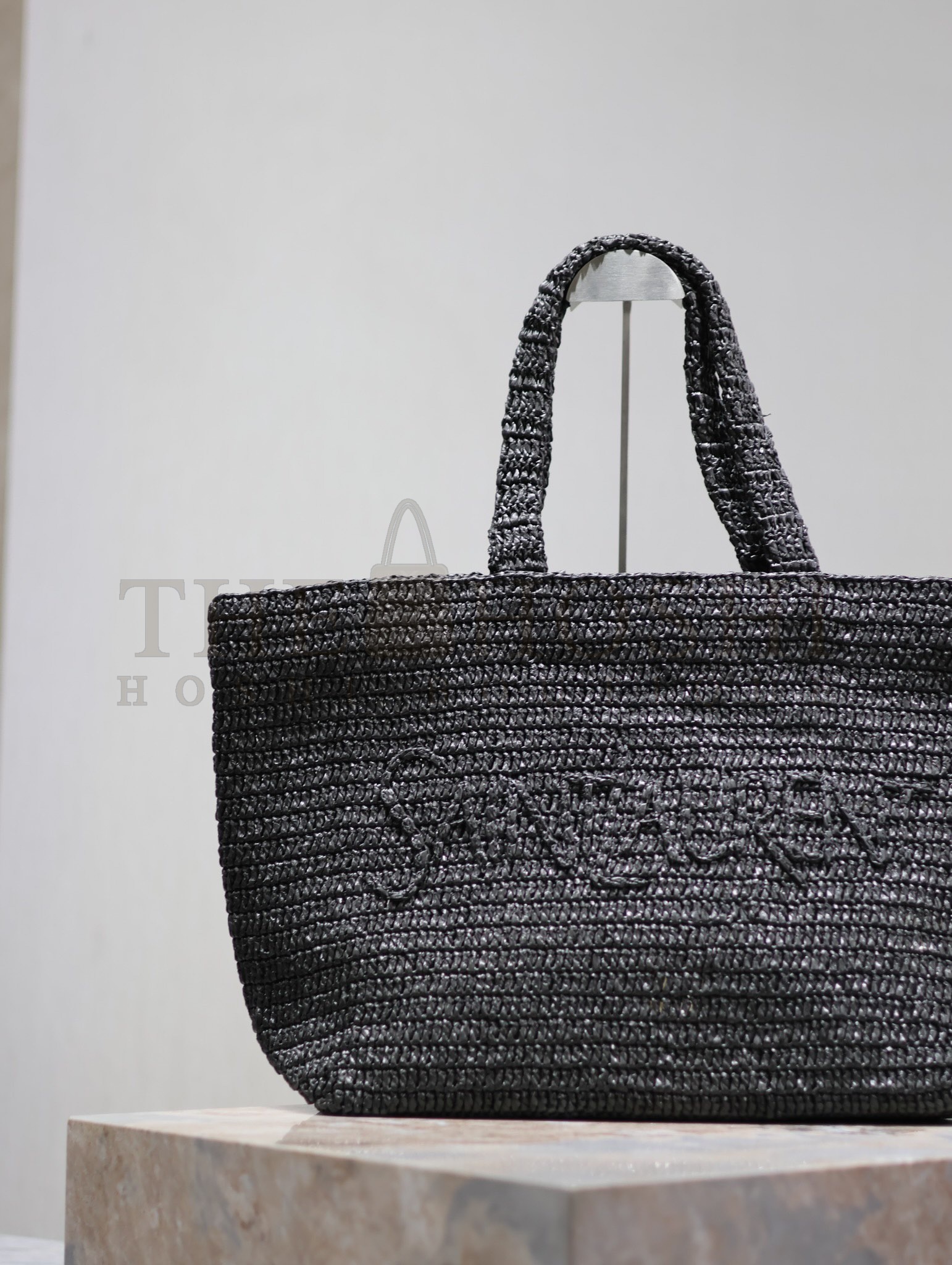 Sa1nt Lau*nt Handwoven Raffia Tote Bag Black 41cm Minimalist Chic Design Master Quality