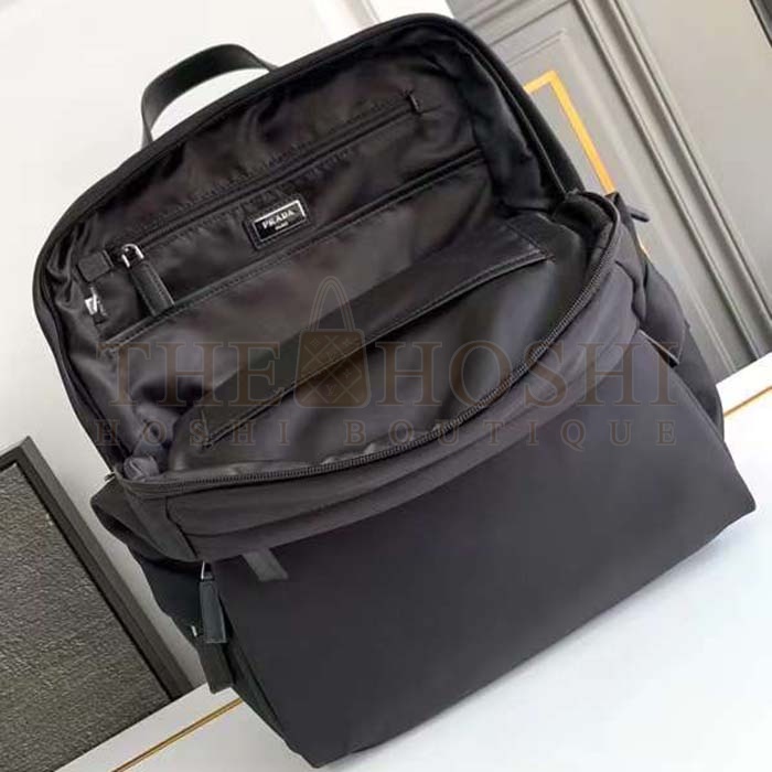 Pra*a Unisex Re-Nylon Saffiano Leather Backpack Black Fabric Zipper Closure Master Quality