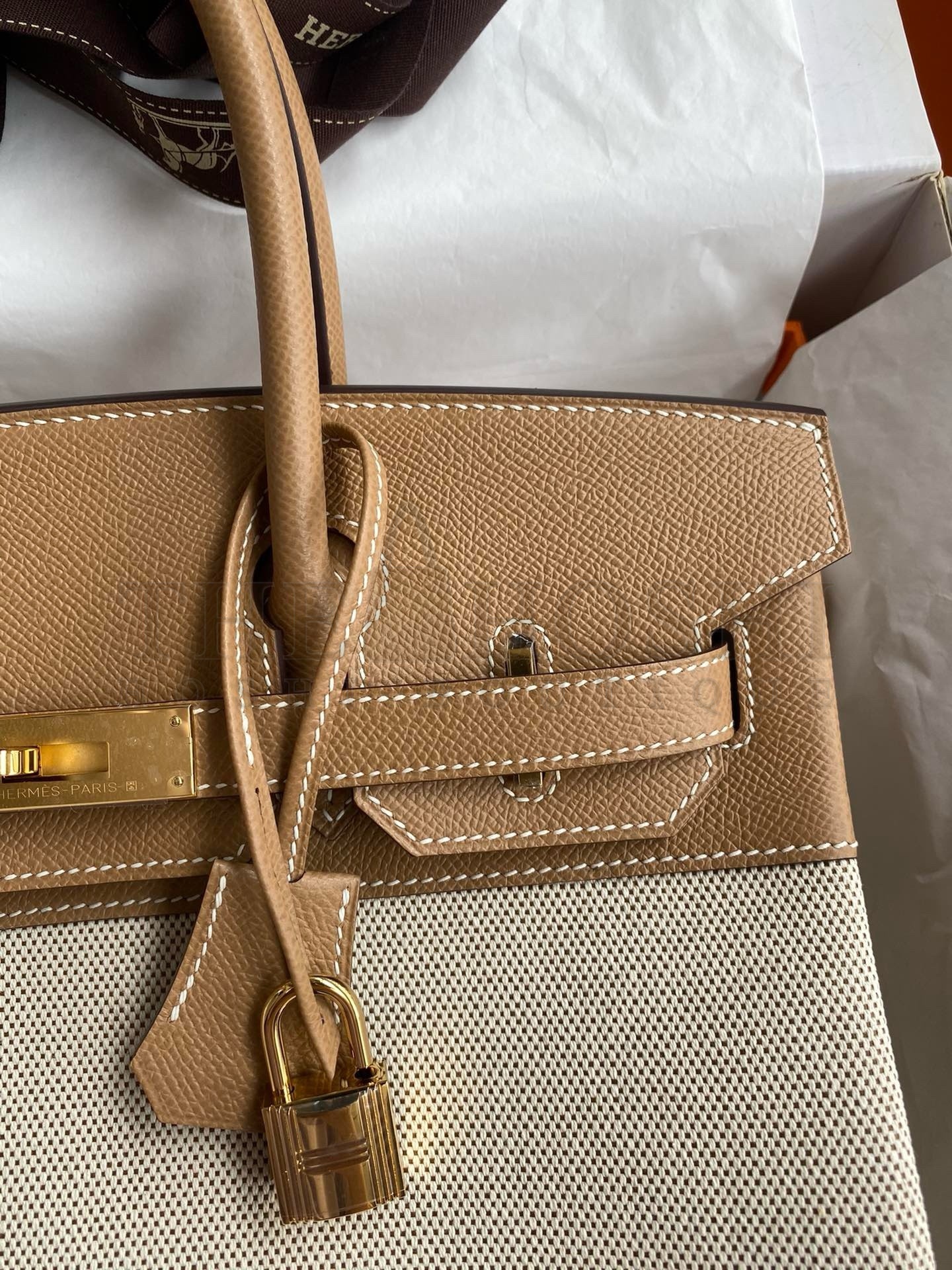 H**me5 Birkin 30 Handmade Bag In Toile &amp; Chai Epsom Leather Master Quality