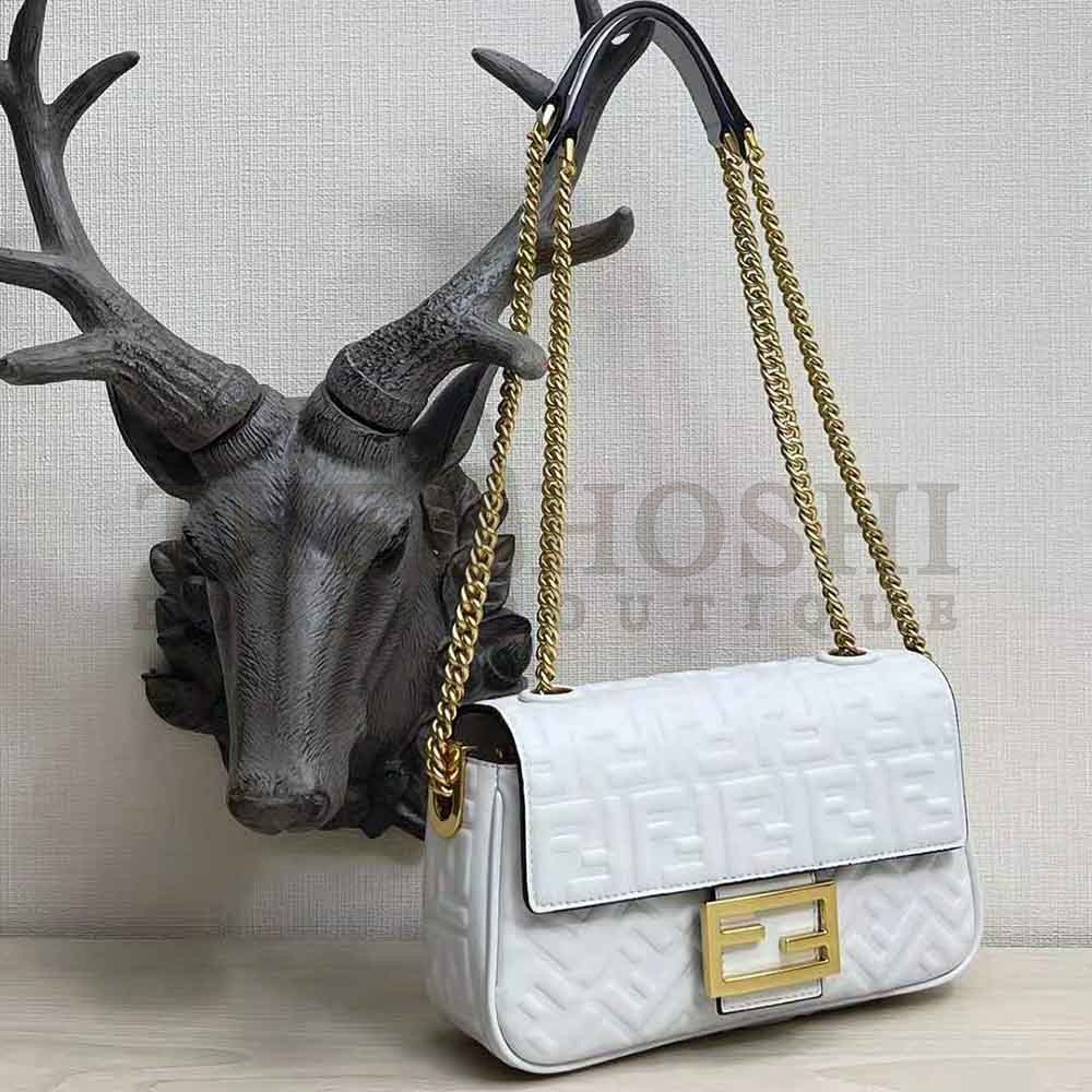 F**di Women Baguette Chain Midi Light Gray Leather Bag-White Master Quality