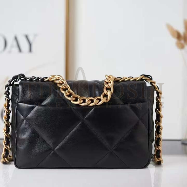 Ch**el Women 19 Handbag Lambskin Gold Silver-Tone Ruthenium-Finish Metal Black Master Quality