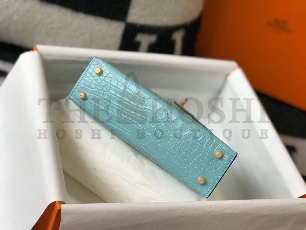 H**me5 Kelly Mini II Bag In Blue Atoll Embossed Crocodile Calfskin Master Quality