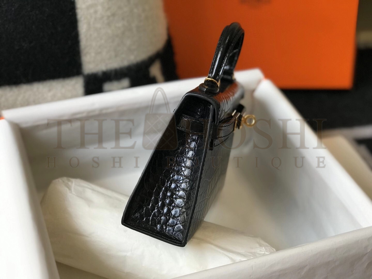 H**me5 Kelly Mini II Bag In Black Embossed Crocodile Calfskin Master Quality