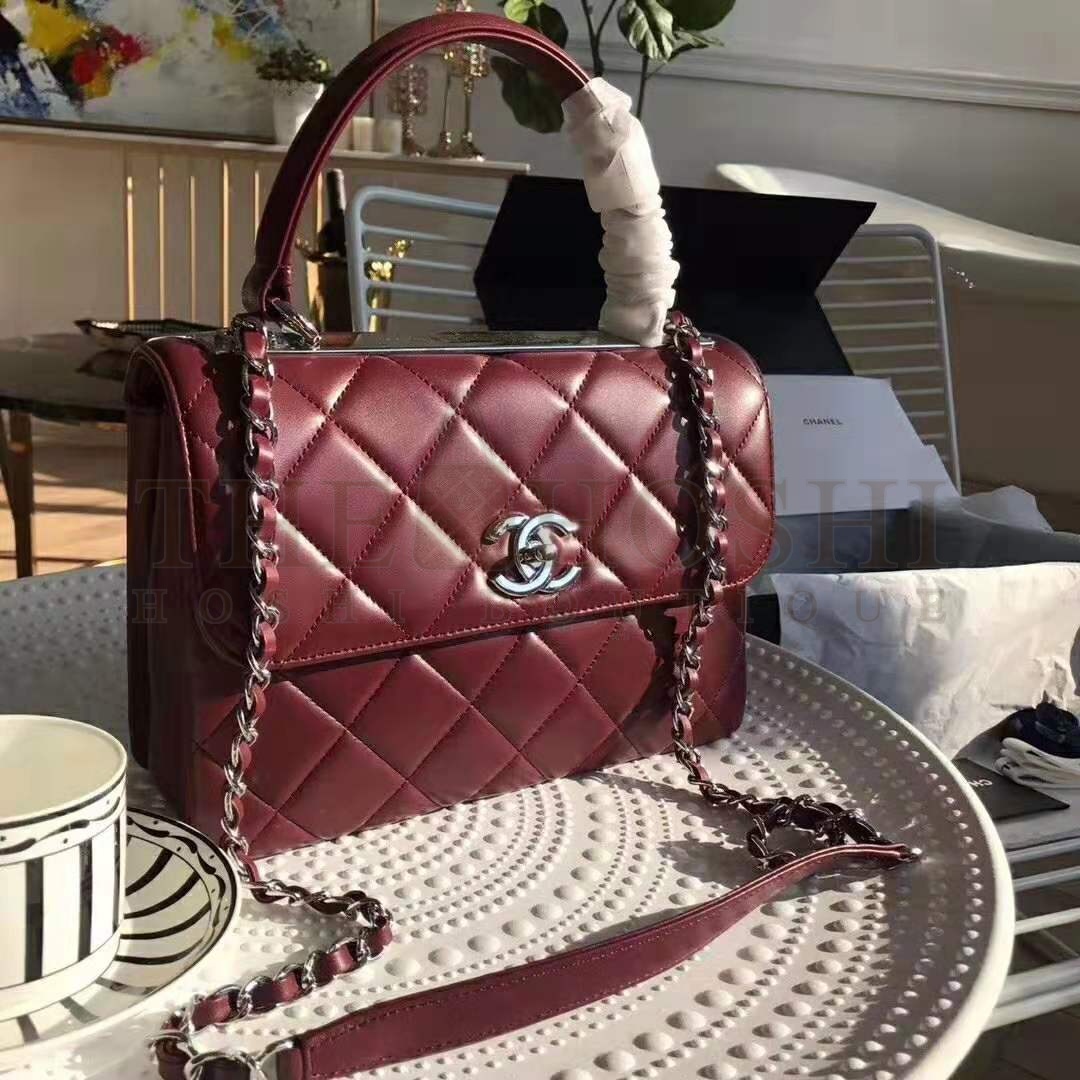 Ch**el Women Small Flap Bag with Top Handle in Lambskin Leather-Maroon Master Quality