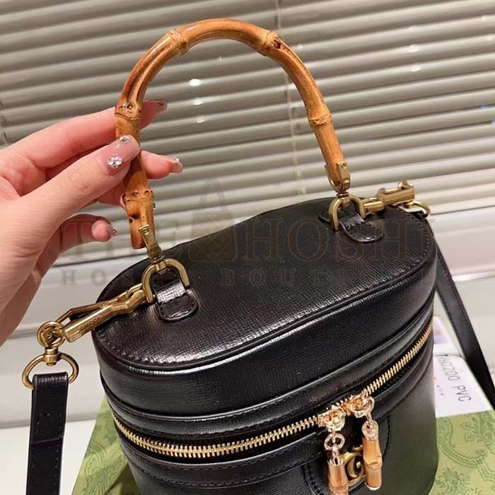 Gvc*1 Women GG Mini Bamboo Shoulder Bag Black Leather Bamboo Handle Double G Master Quality