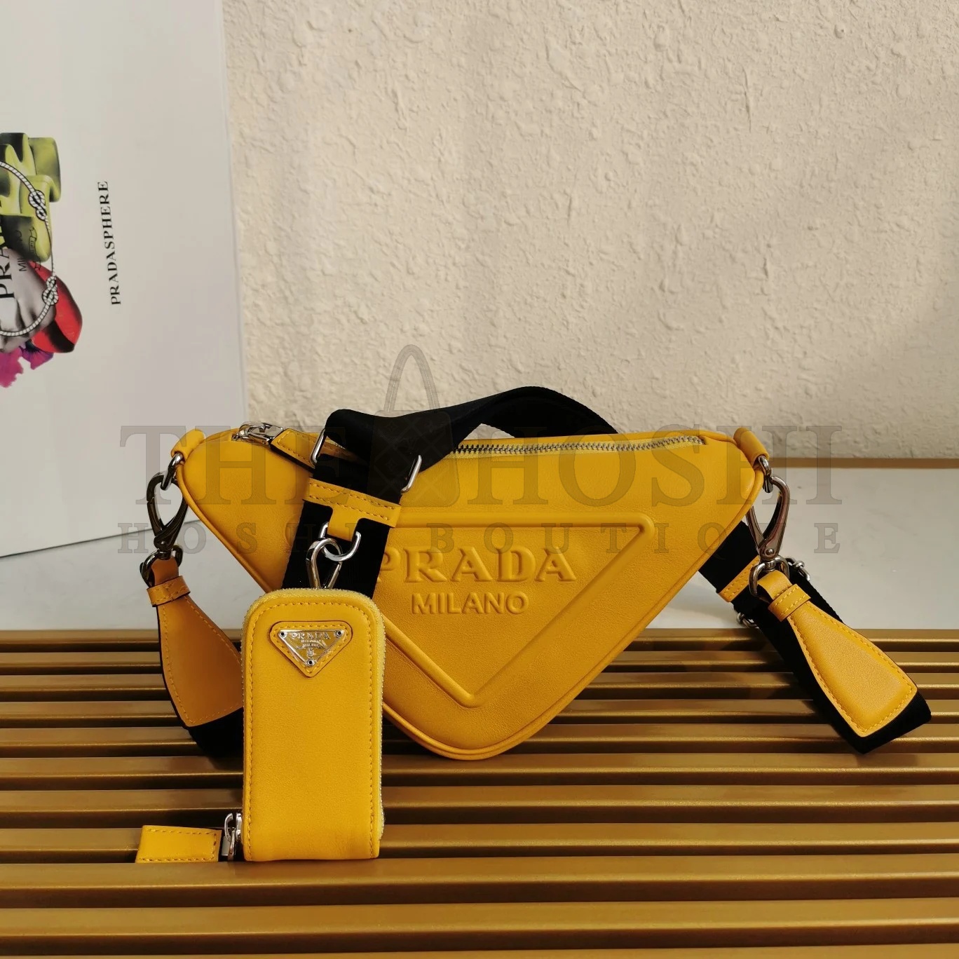 Pra*a Triangle Shoulder Bag In Yellow Calfskin Master Quality
