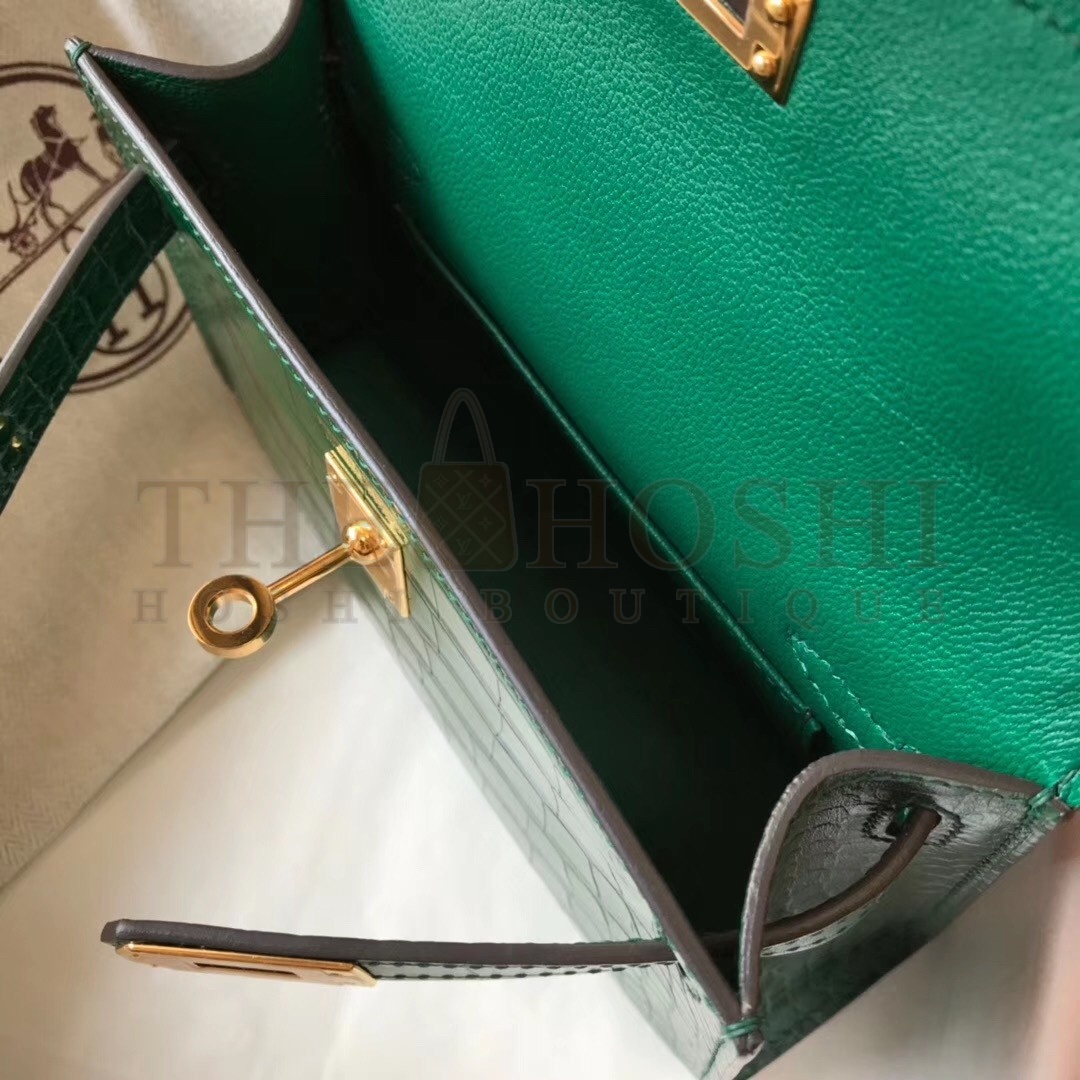 H**me5 Kelly Mini II Bag In Green Crocodile Embossed Leather Master Quality
