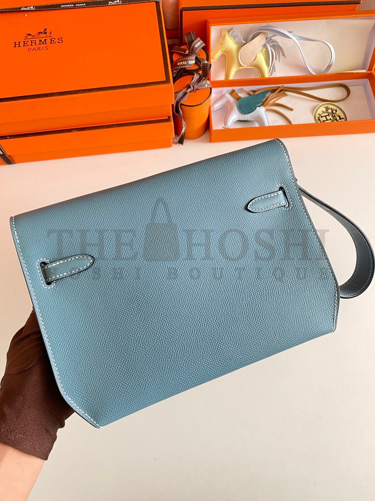 H**me5 Kelly Depeches 25 Pouch in Blue Jean Epsom Calfskin Master Quality
