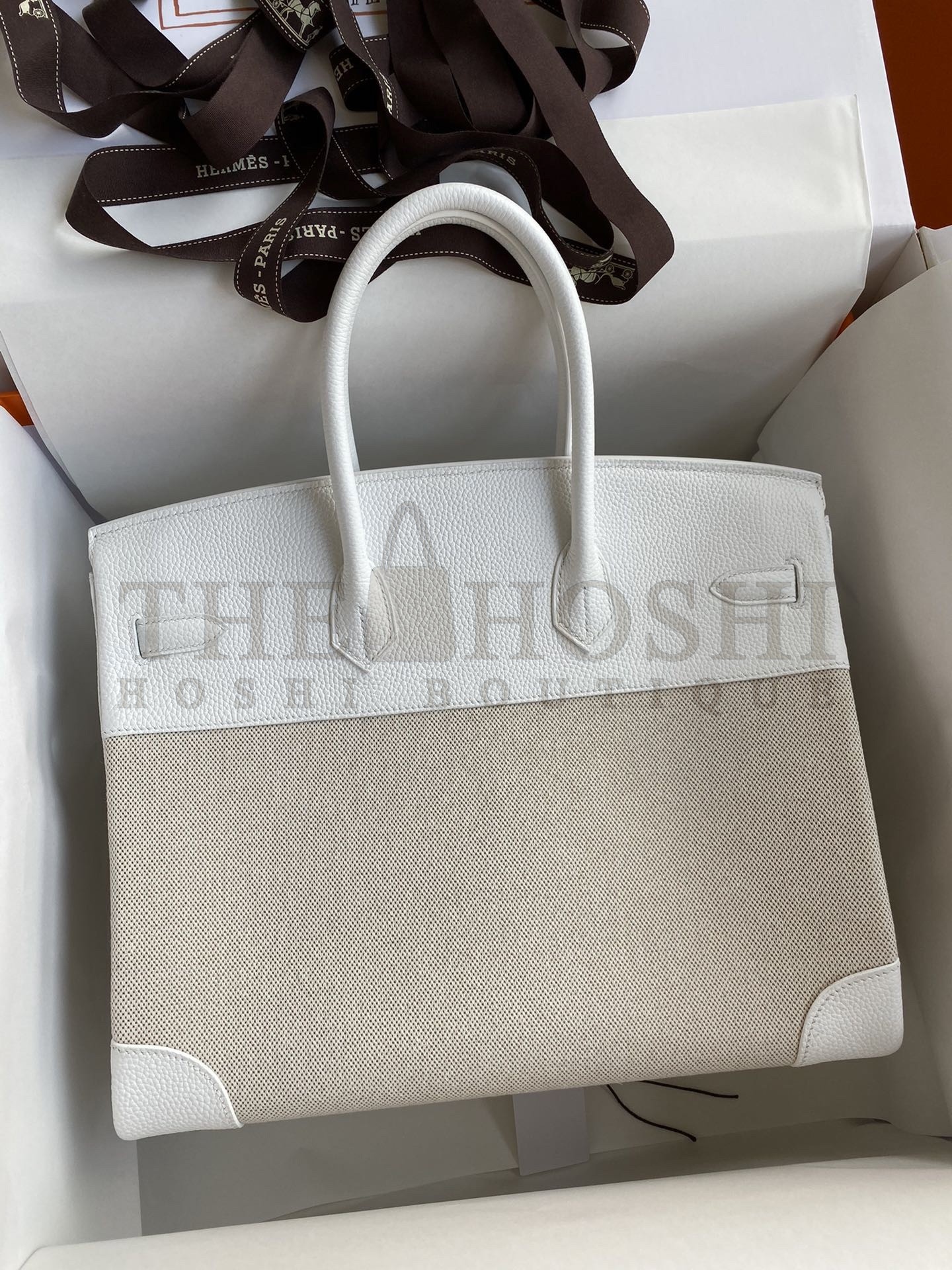 H**me5 Birkin 35 Handmade Bag In Toile & White Clemence Leather Master Quality