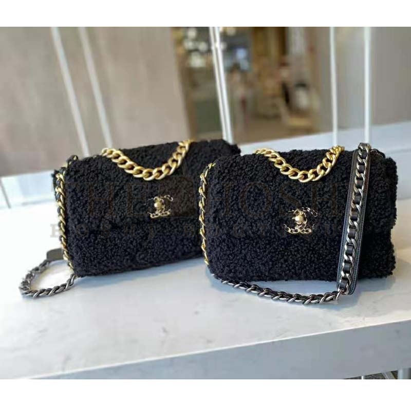 Ch**el Women Ch**el 19 Large Flap Bag Tweed Gold-Silver-Tone & Ruthenium-Finish Metal Black Master Quality