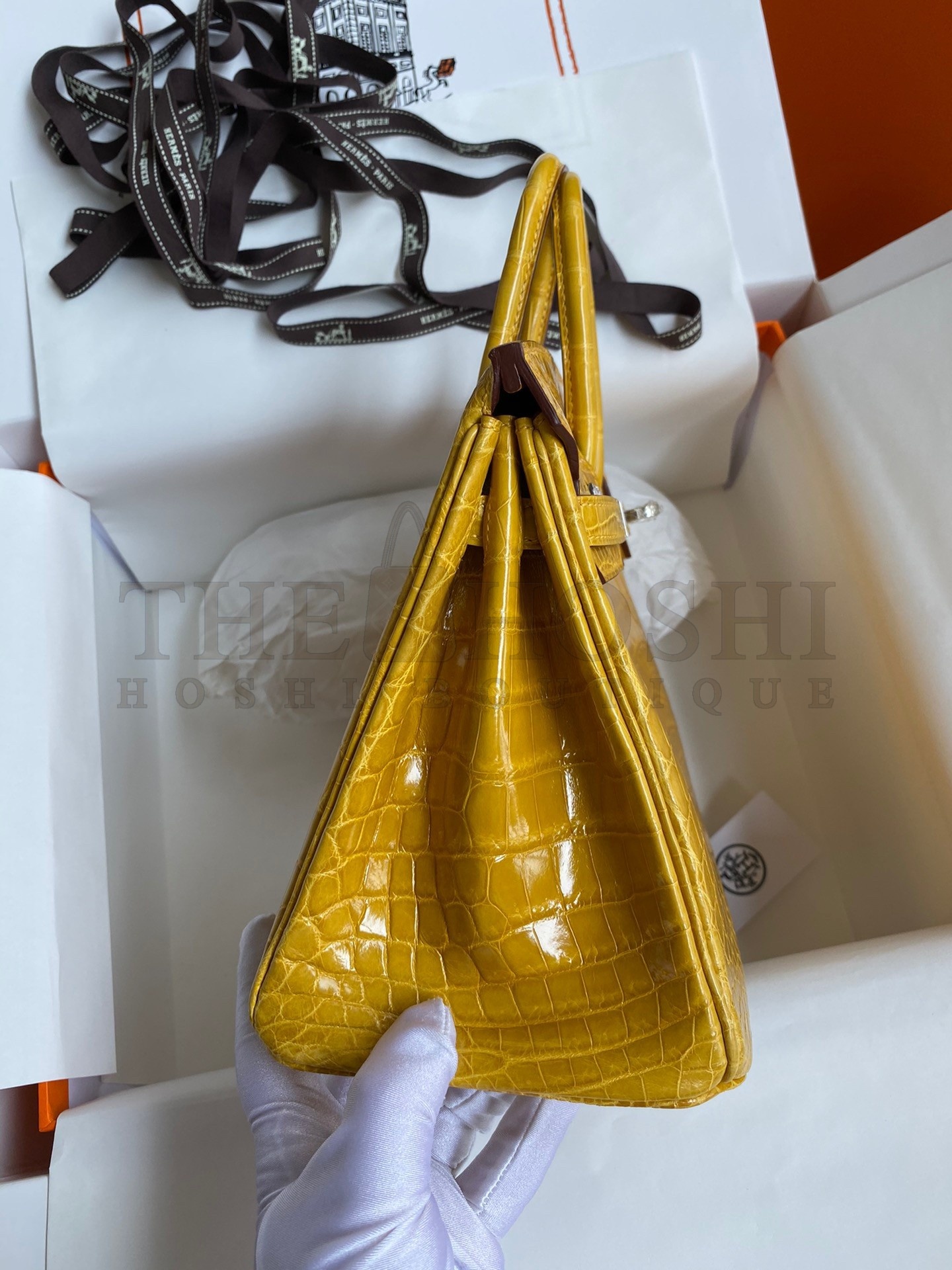 H**me5 Birkin 25 Handmade Bag In Yellow Crocodile Niloticus Shiny Skin Master Quality