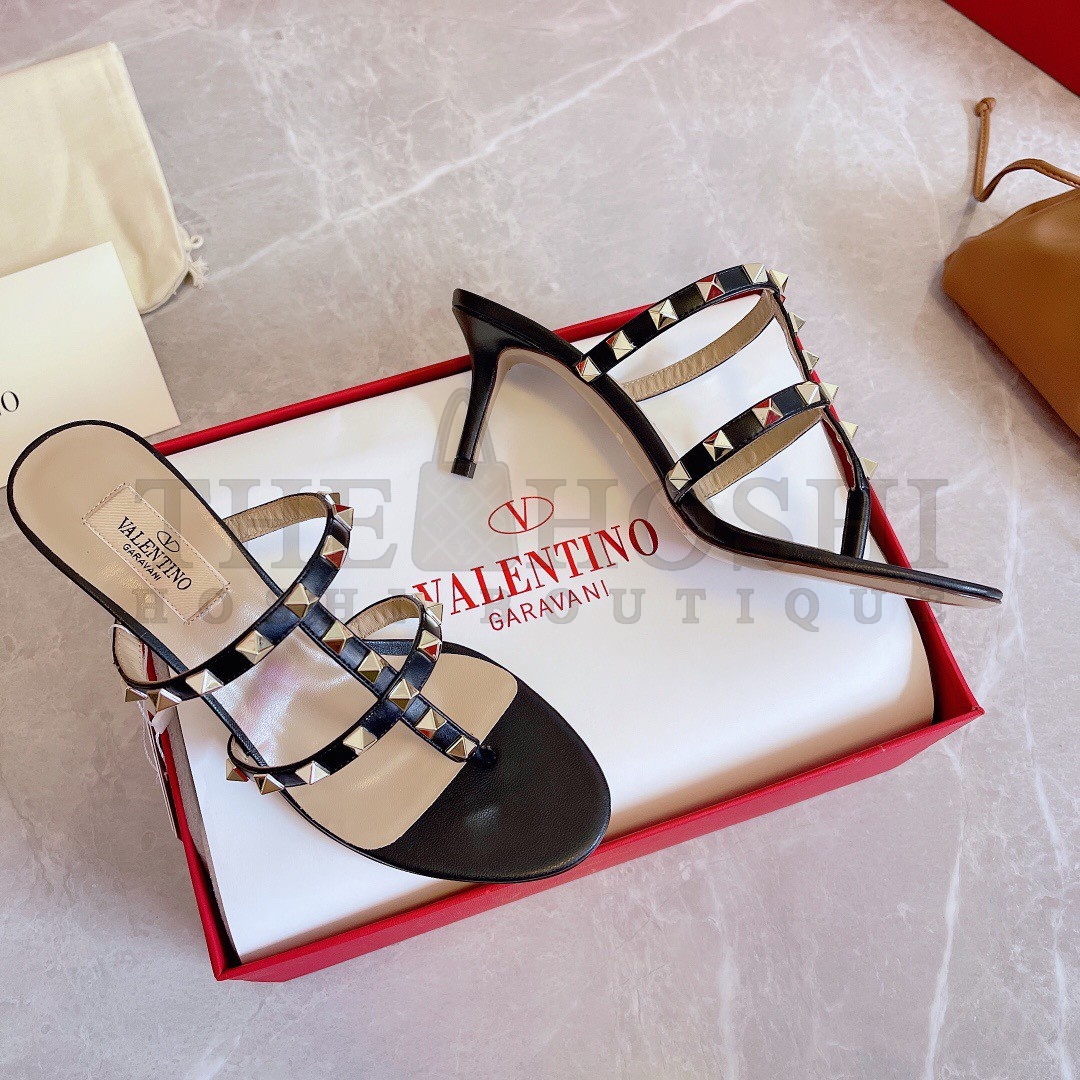 Va1e*ntin0 Rockstud Flip Flop Sandals 50mm In Black Calfskin Master Quality