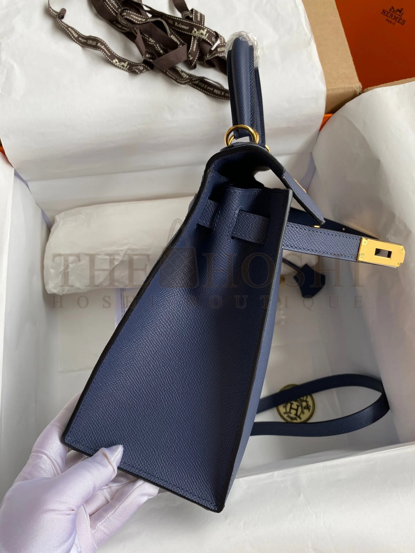 H**me5 Kelly Sellier 28 Handmade Bag In Blue Saphir Epsom Calfskin Master Quality