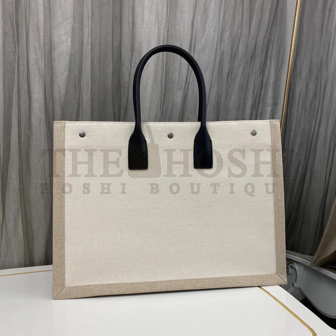 Sa1nt Lau*nt Rive Gauche Tote Bag in White Linen and Black Leather Master Quality
