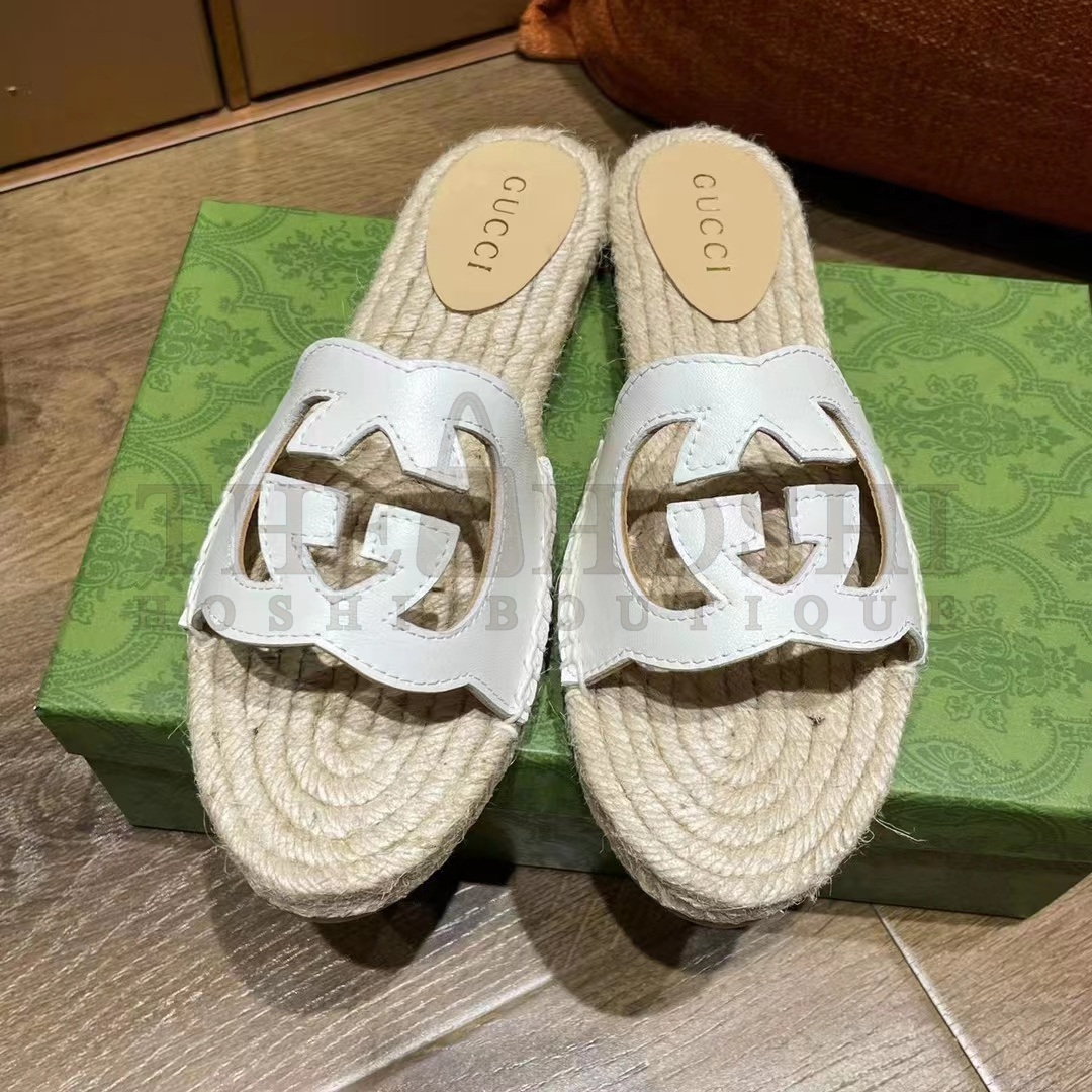Gvc*1 Unisex Interlocking G Cut-Out Slide Sandals White Leather Flat 2 cm Heel Master Quality