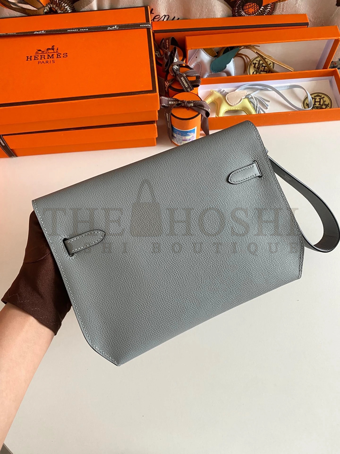 H**me5 Kelly Depeches 25 Pouch in Blue Lin Epsom Calfskin Master Quality