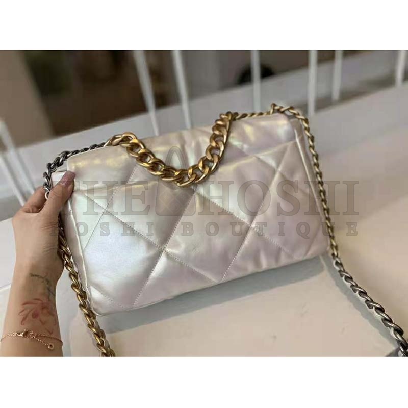 Ch**el Women 19 Large Flap Bag Iridescent Calfskin Gold Silver-Tone & Ruthenium-Finish Metal White Master Quality