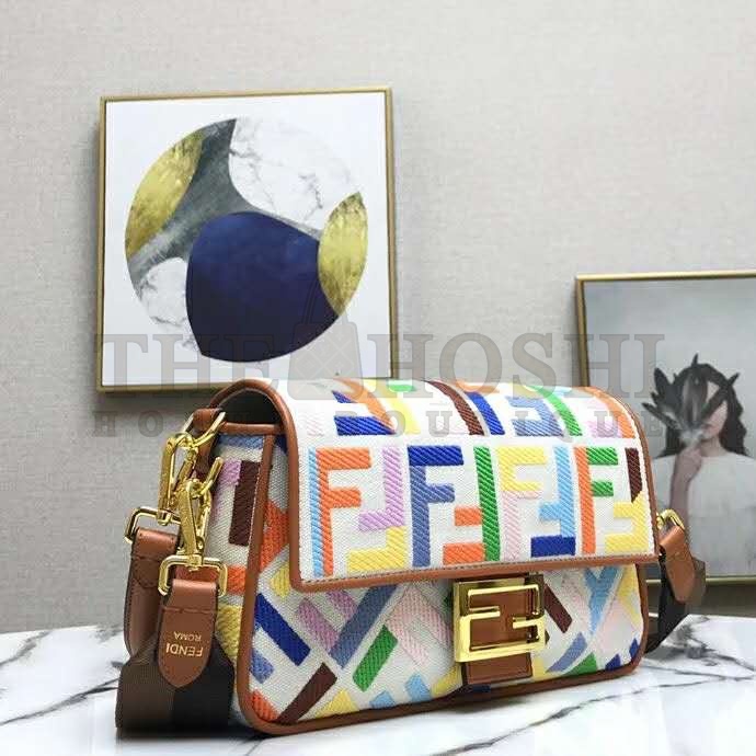 F**di Women Iconic Baguette Medium Size FF Beige Canvas Bag Master Quality