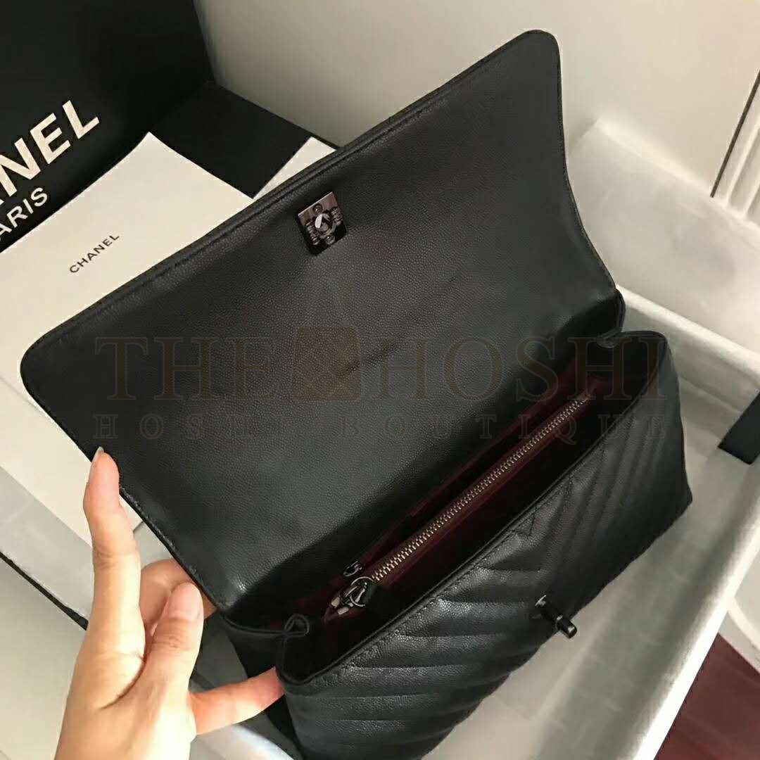 Ch**el Women Flap Bag with Top Handle Grained Calfskin-Black Master Quality