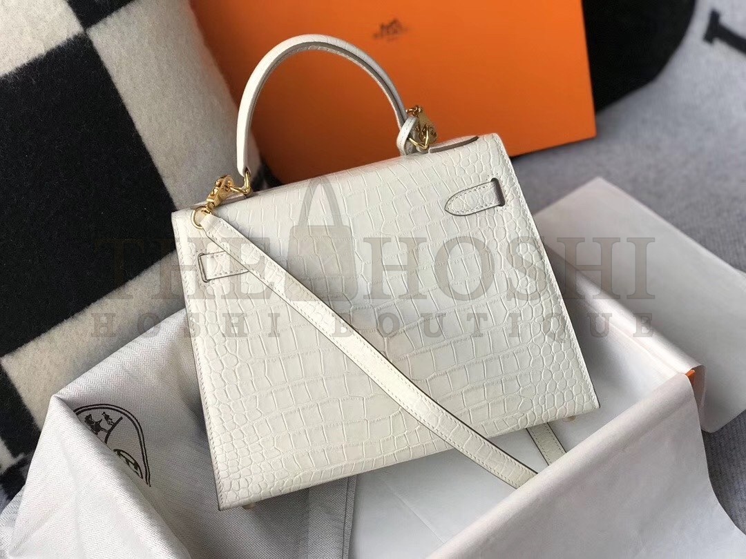 H**me5 Kelly 25cm Bag In White Embossed Crocodile Master Quality