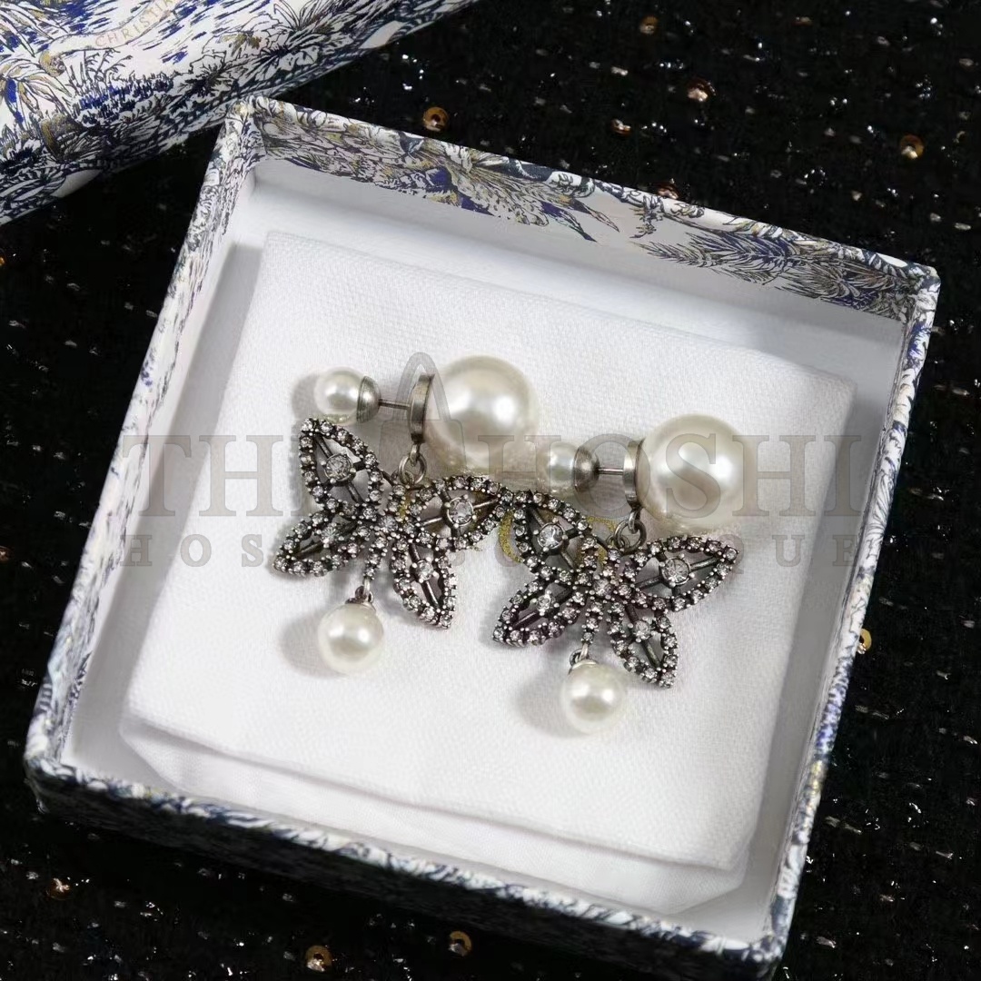 D10r Women CD Papillon De Nuit Earrings Antique Silver Metal Pearls Master Quality