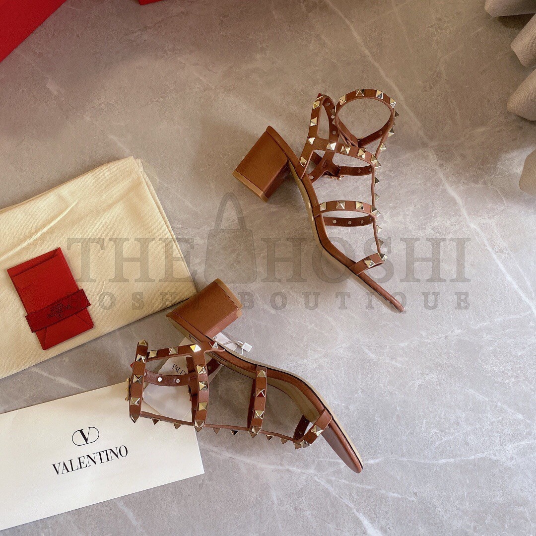 Va1e*ntin0 Rockstud Ankle Strap Sandals 60mm In Brown Calfskin Master Quality