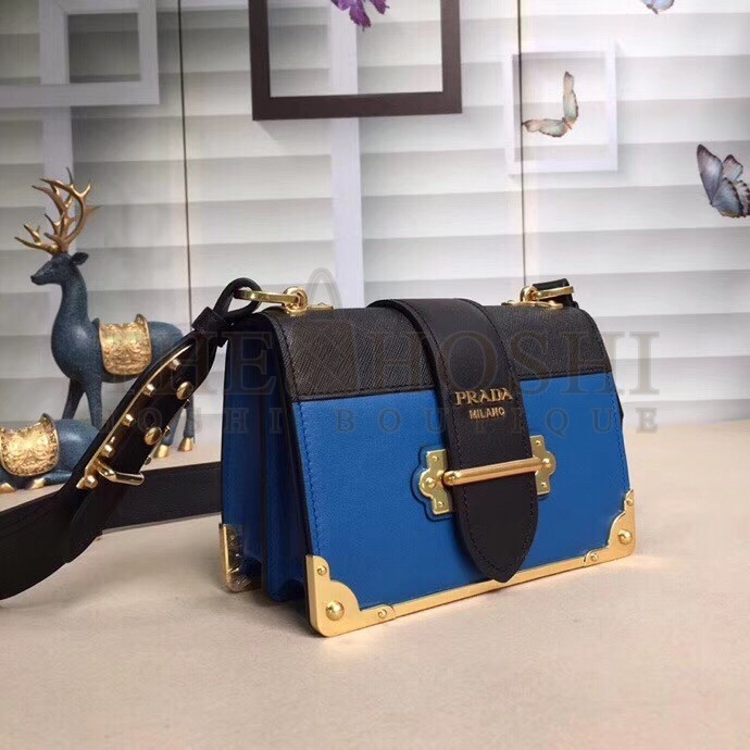 Pra*a Cahier Shoulder Bag In Blue Hydra /Black Leather Master Quality