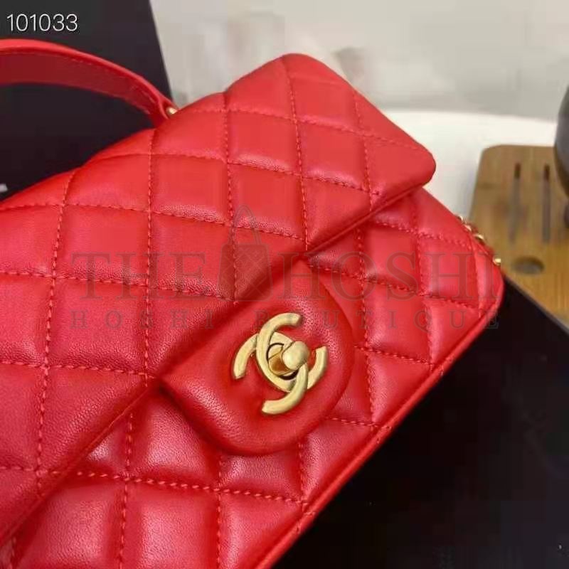 Ch**el Women Mini Flap Bag with Top Handle Grained Calfskin Gold-Tone Metal Red Master Quality