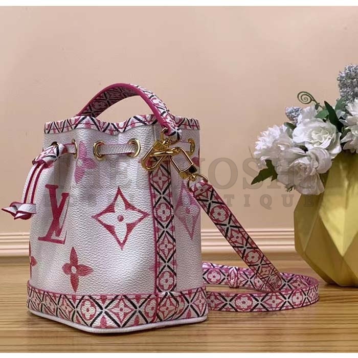L0vis Vvtt0n LV Women Nano Noé Bucket Bag Pink Monogram Coated Canvas Master Quality