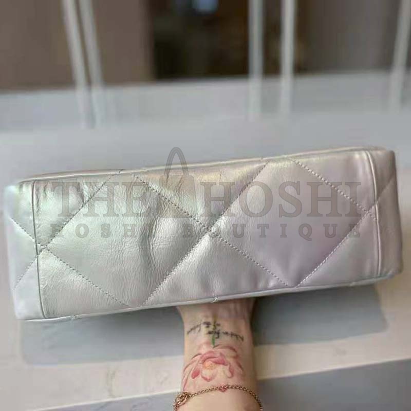 Ch**el Women 19 Large Flap Bag Iridescent Calfskin Gold Silver-Tone & Ruthenium-Finish Metal White Master Quality