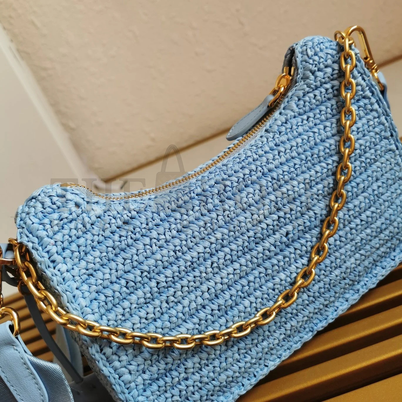 Pra*a Re-Edition 2005 Shoulder Bag In Blue Raffia Master Quality
