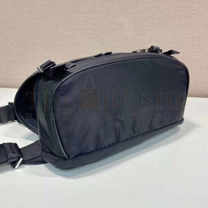 Pra*a Unisex Re-Nylon Saffiano Leather Shoulder Bag Black Fabric Flap Closure Master Quality