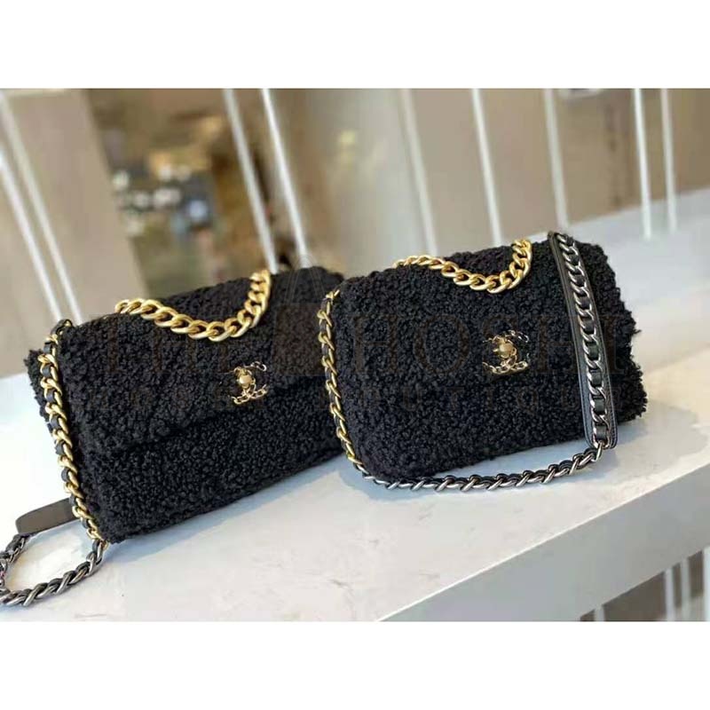 Ch**el Women Ch**el 19 Large Flap Bag Tweed Gold-Silver-Tone & Ruthenium-Finish Metal Black Master Quality