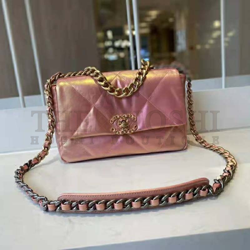 Ch**el Women 19 Flap Bag Lambskin Gold Silver-Tone Ruthenium-Finish Metal Coral Master Quality