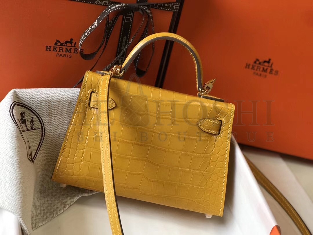 H**me5 Kelly Mini II Bag In Yellow Crocodile Embossed Leather Master Quality
