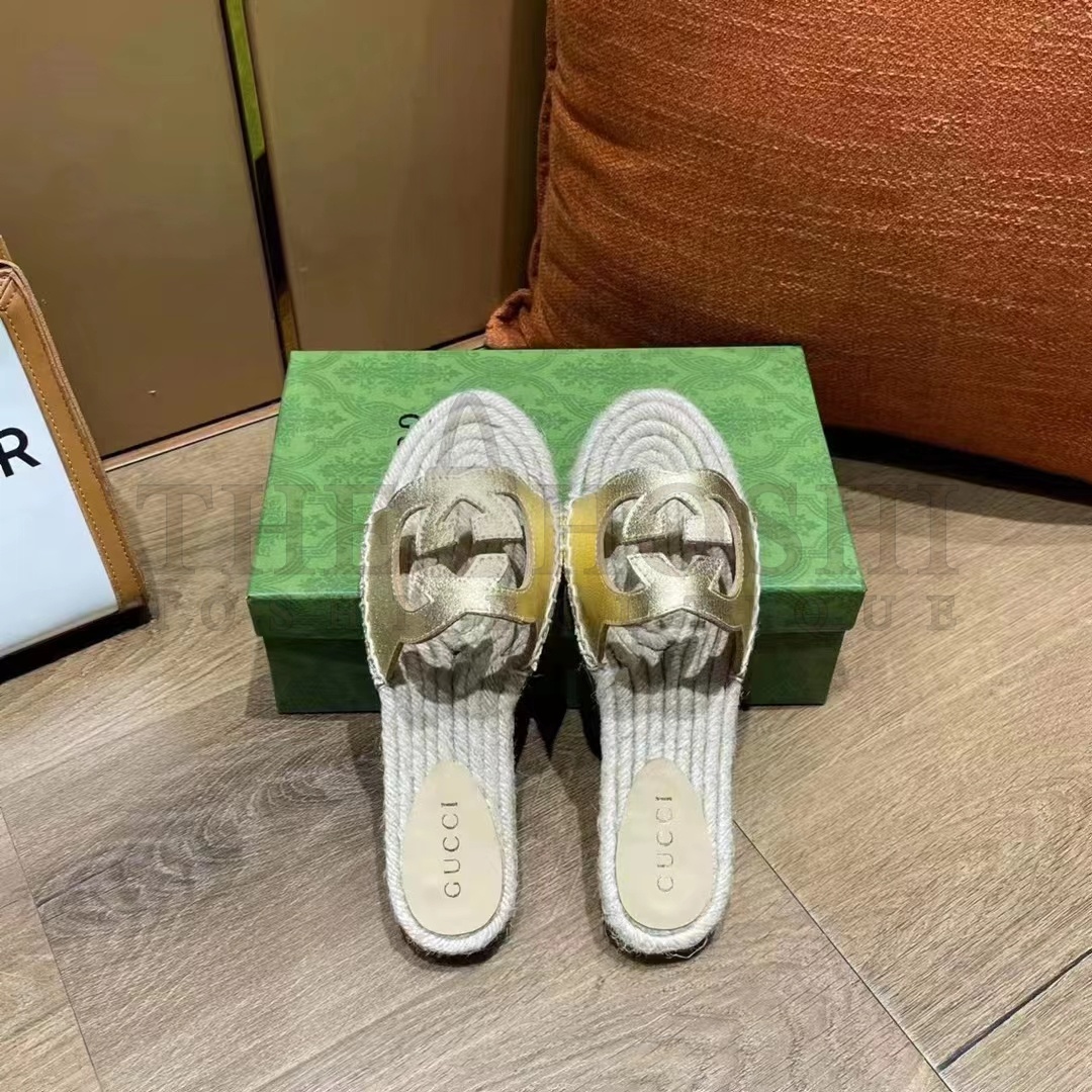 Gvc*1 Unisex Interlocking G Cut-Out Slide Sandals Metallic Gold Leather Flat 2 cm Heel Master Quality