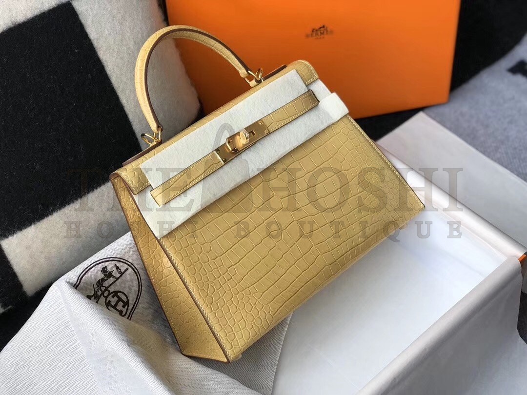 H**me5 Kelly 25cm Bag In Jaune Poussin Embossed Crocodile Master Quality
