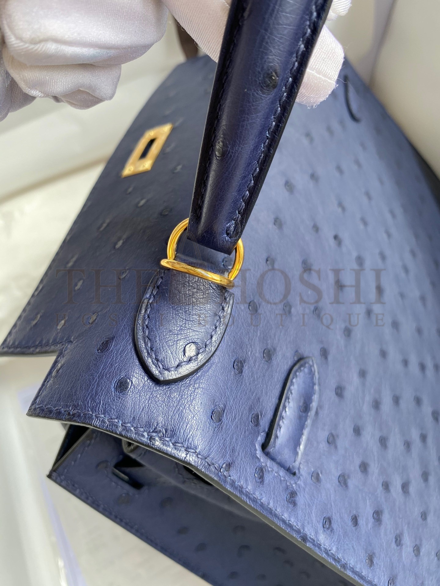H**me5 Kelly Sellier 25 Handmade Bag In Blue Iris Ostrich Leather Master Quality