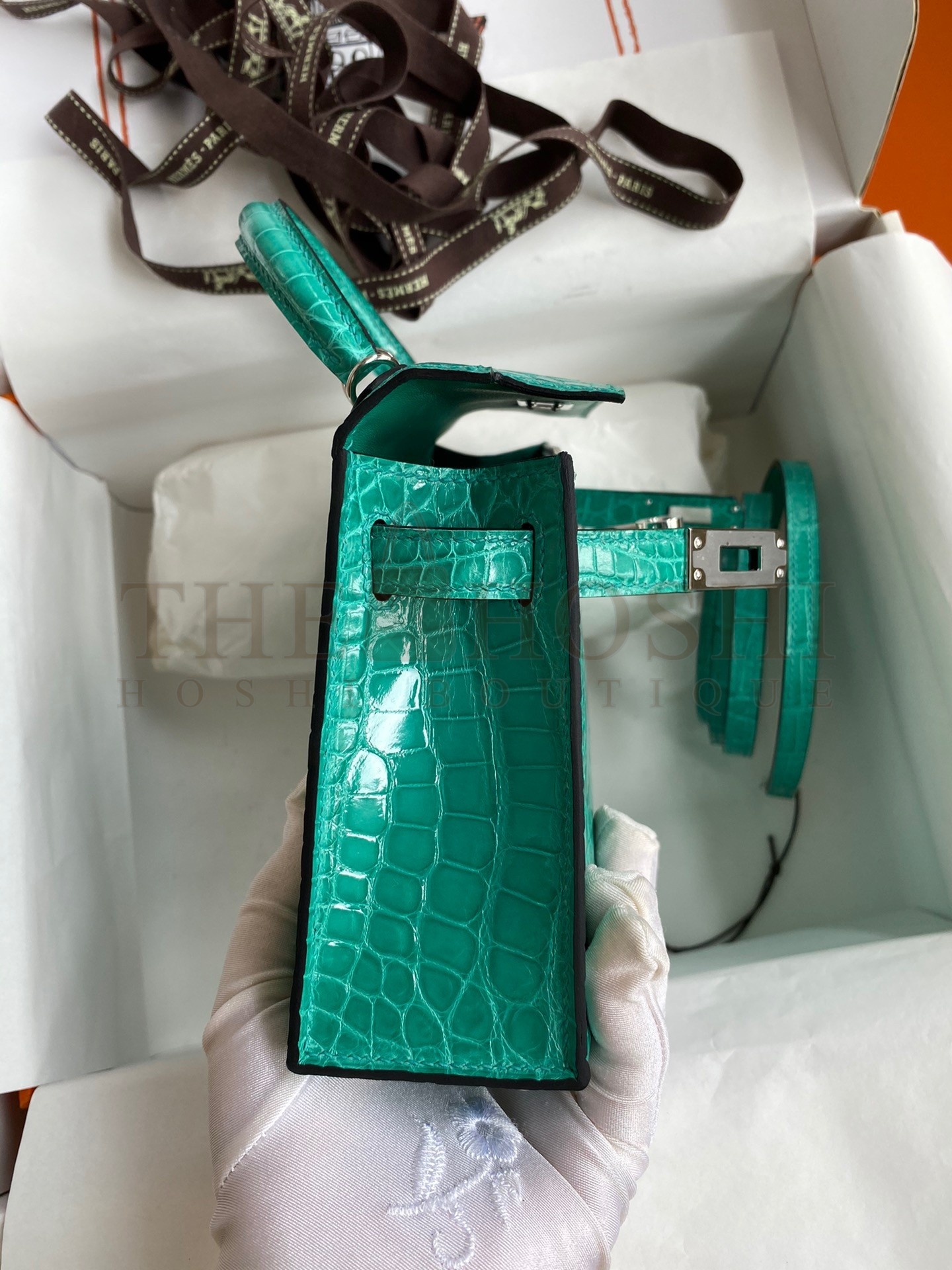 H**me5 Kelly Mini II Sellier Handmade Bag In Vert Jude Shiny Alligator Leather Master Quality