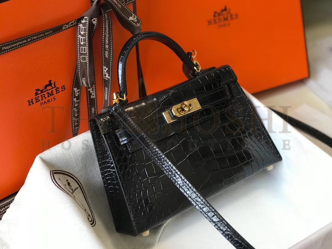 H**me5 Kelly Mini II Bag In Black Crocodile Embossed Leather Master Quality