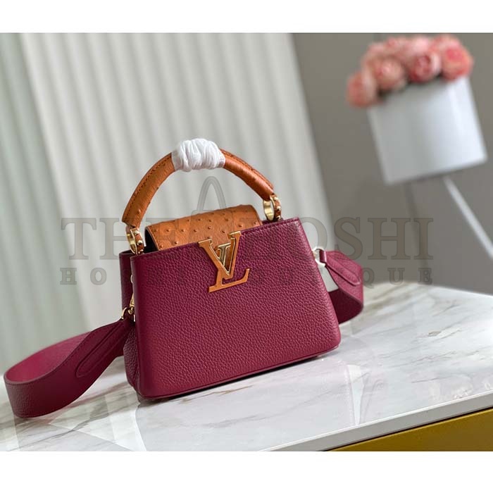 L0vis Vvtt0n LV Women Capucines Mini Handbag Red Taurillon Ostrich Leather Master Quality