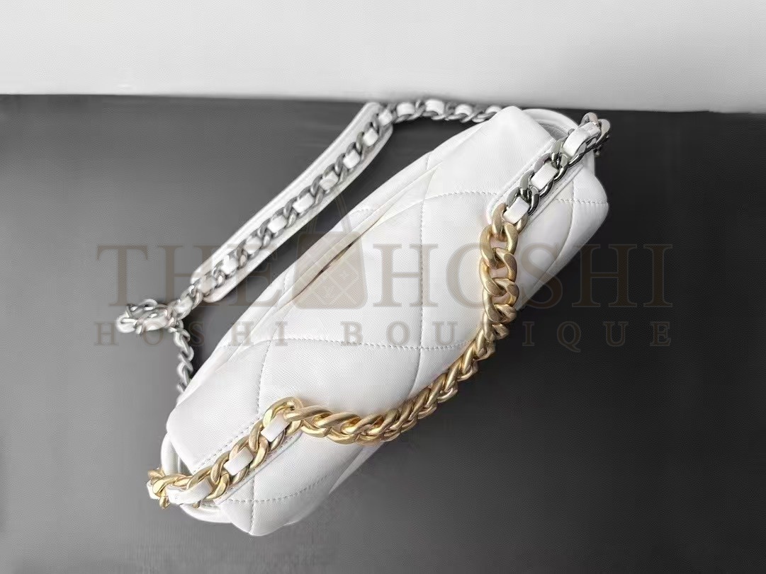 Ch**el Women CC 19 Flap Bag Calfskin Gold Silver-Tone Metal White Master Quality