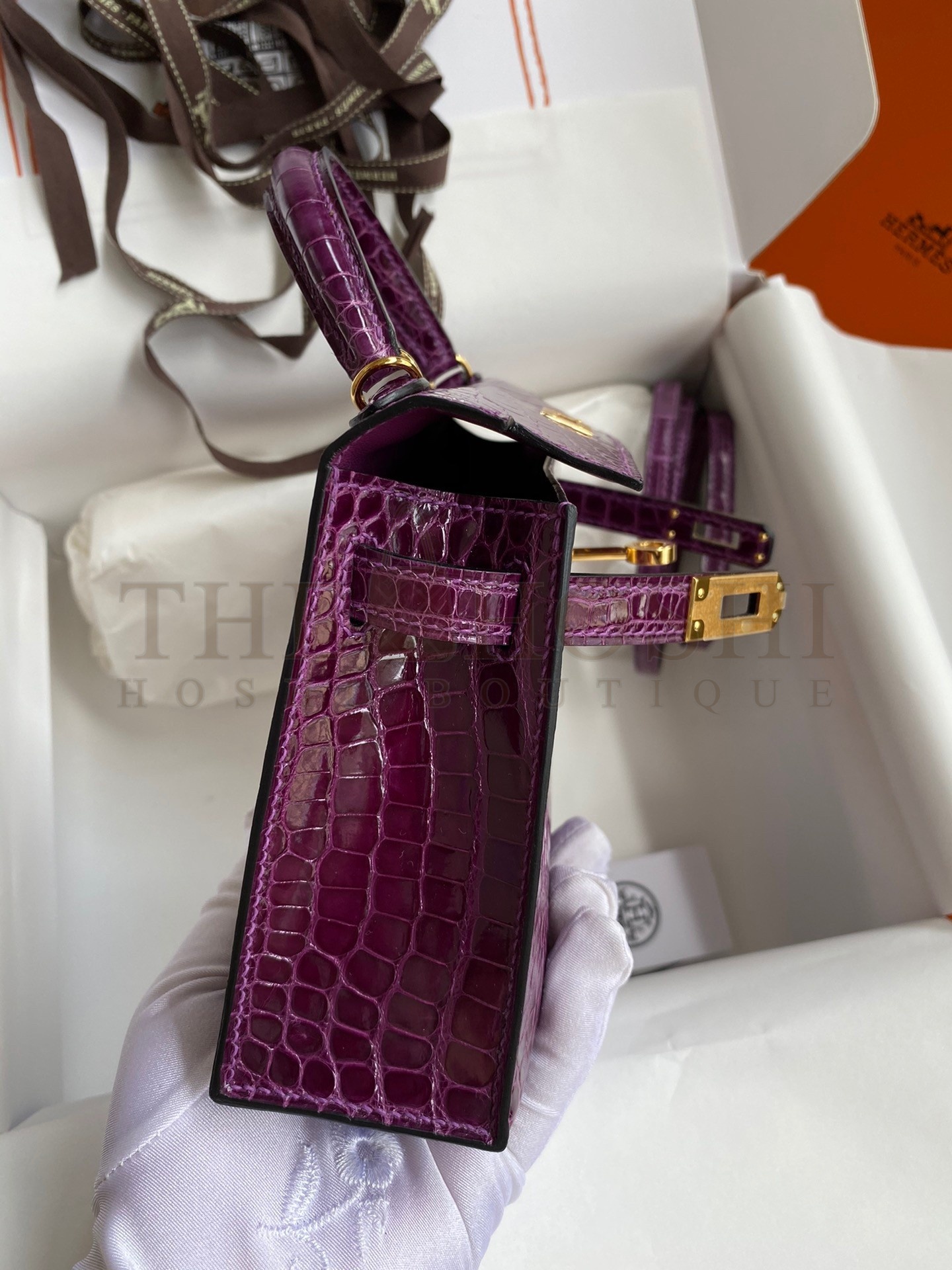 H**me5 Kelly Mini II Sellier Handmade Bag In Purple Shiny Alligator Leather Master Quality