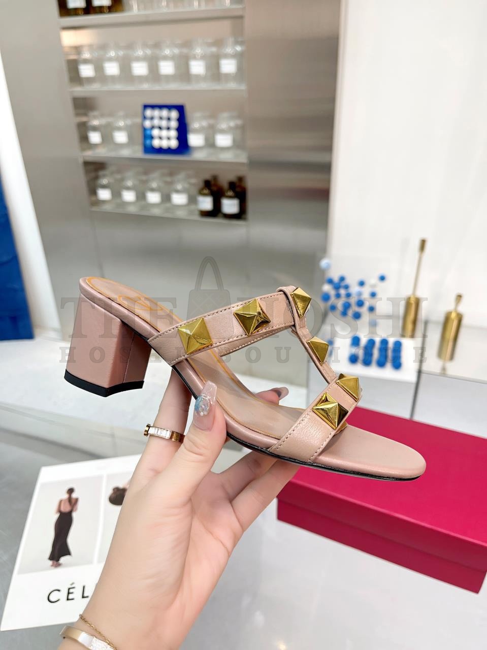 Va1e*ntin0 Roman Stud Slide Sandals 60mm In Rose Cannelle Calfskin Master Quality