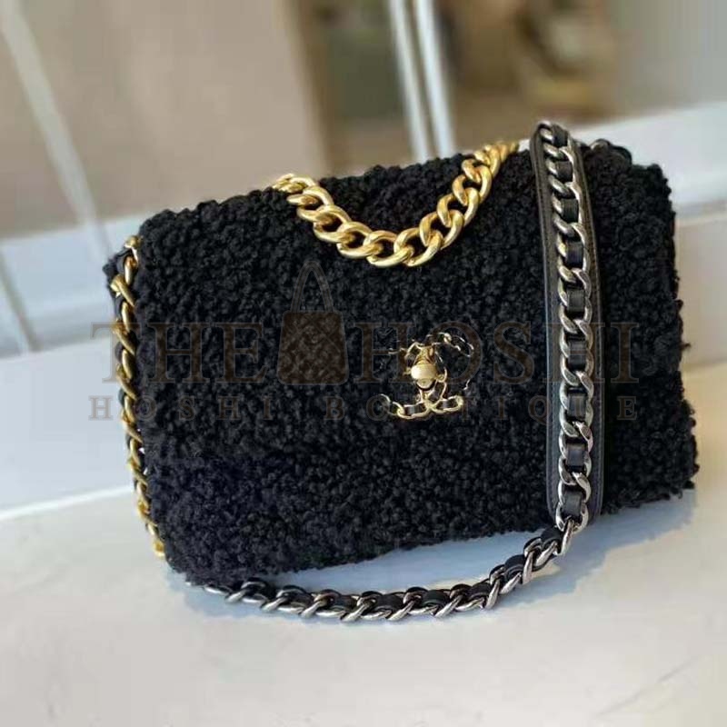 Ch**el Women Ch**el 19 Large Flap Bag Tweed Gold-Silver-Tone & Ruthenium-Finish Metal Black Master Quality