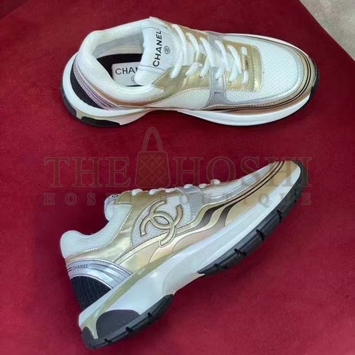 Ch**el trainer shoes Women CC Sneakers Fabric Laminated White Gold Silver Master Quality