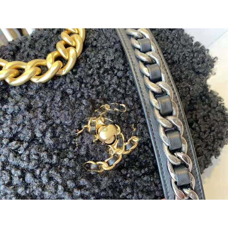 Ch**el Women Ch**el 19 Large Flap Bag Tweed Gold-Silver-Tone & Ruthenium-Finish Metal Black Master Quality