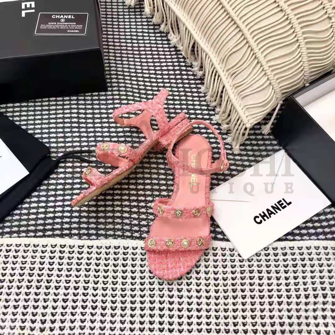 Ch**el Women Sandals Cotton Tweed &amp; Jewelry Coral &amp; Pink 2.5 cm Heel Master Quality